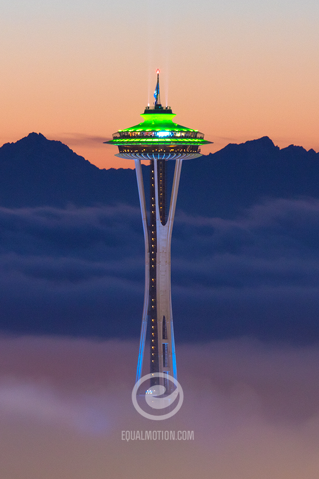 Space Needle in the Fog at Sunset